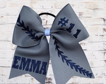 Gray and navy blue softball hair bow, custom softball bow, softball team hair bow