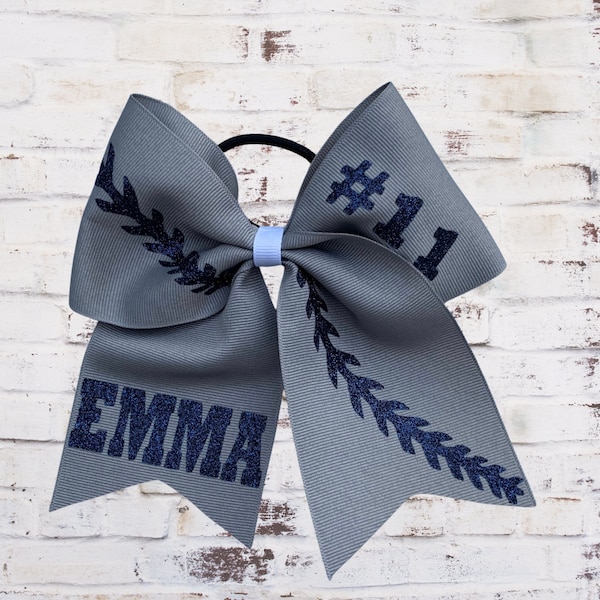 Gray and navy blue softball hair bow, custom softball bow, softball team hair bow
