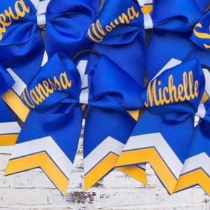Custom Cheer Bow, blue and yellow cheer bow chevron, Softball bow, personalized cheer bow image 1