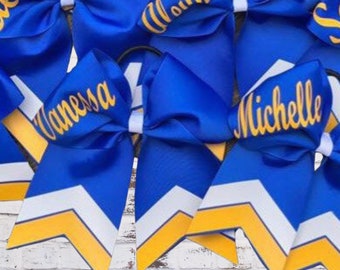 Custom Cheer Bow, blue and yellow cheer bow chevron, Softball bow, personalized cheer bow