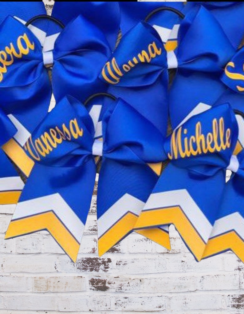 Custom Cheer Bow, blue and yellow cheer bow chevron, Softball bow, personalized cheer bow image 1