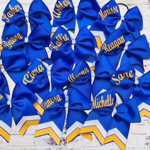 Custom Cheer Bow, blue and yellow cheer bow chevron, Softball bow, personalized cheer bow image 2