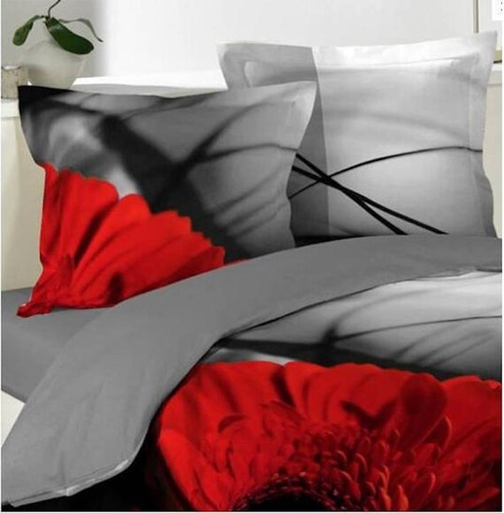 3d Duvet Cover Grey Red Gerbera Flower 240 X 260cm 100 Cotton Etsy