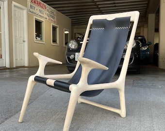 Handcrafted Leather Sling Chair - Wood Lounge Chair, Fernweh Woodworking