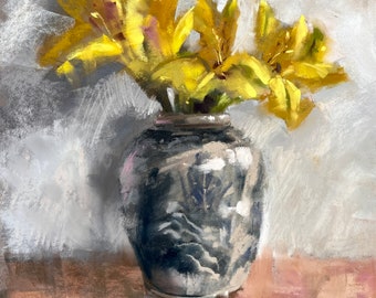 Lilies in a Ginger Jar - Pastel Painting 10"x10"