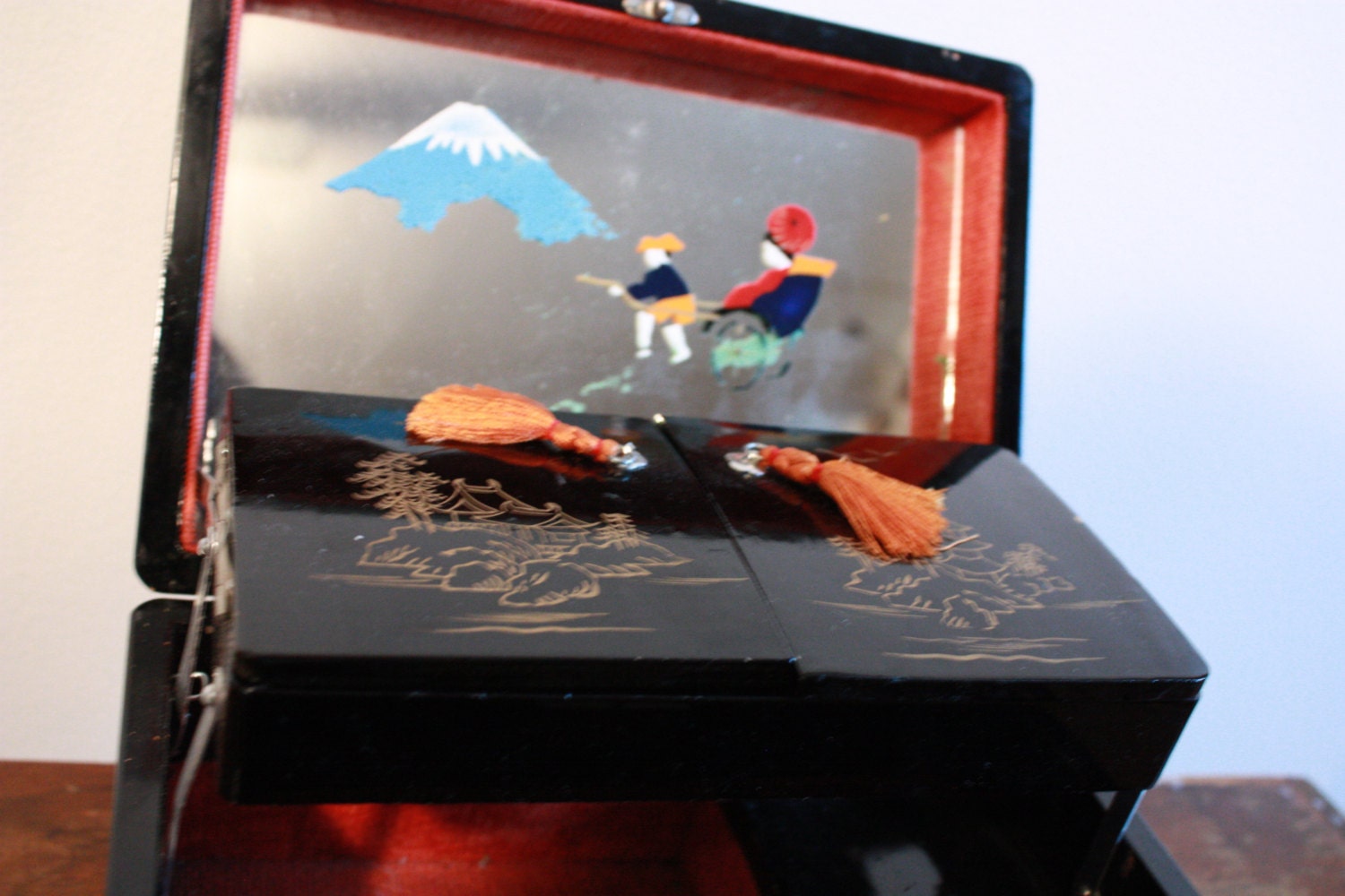 Vintage Japanese Jewelry & Music Box Hand Painted Black Etsy