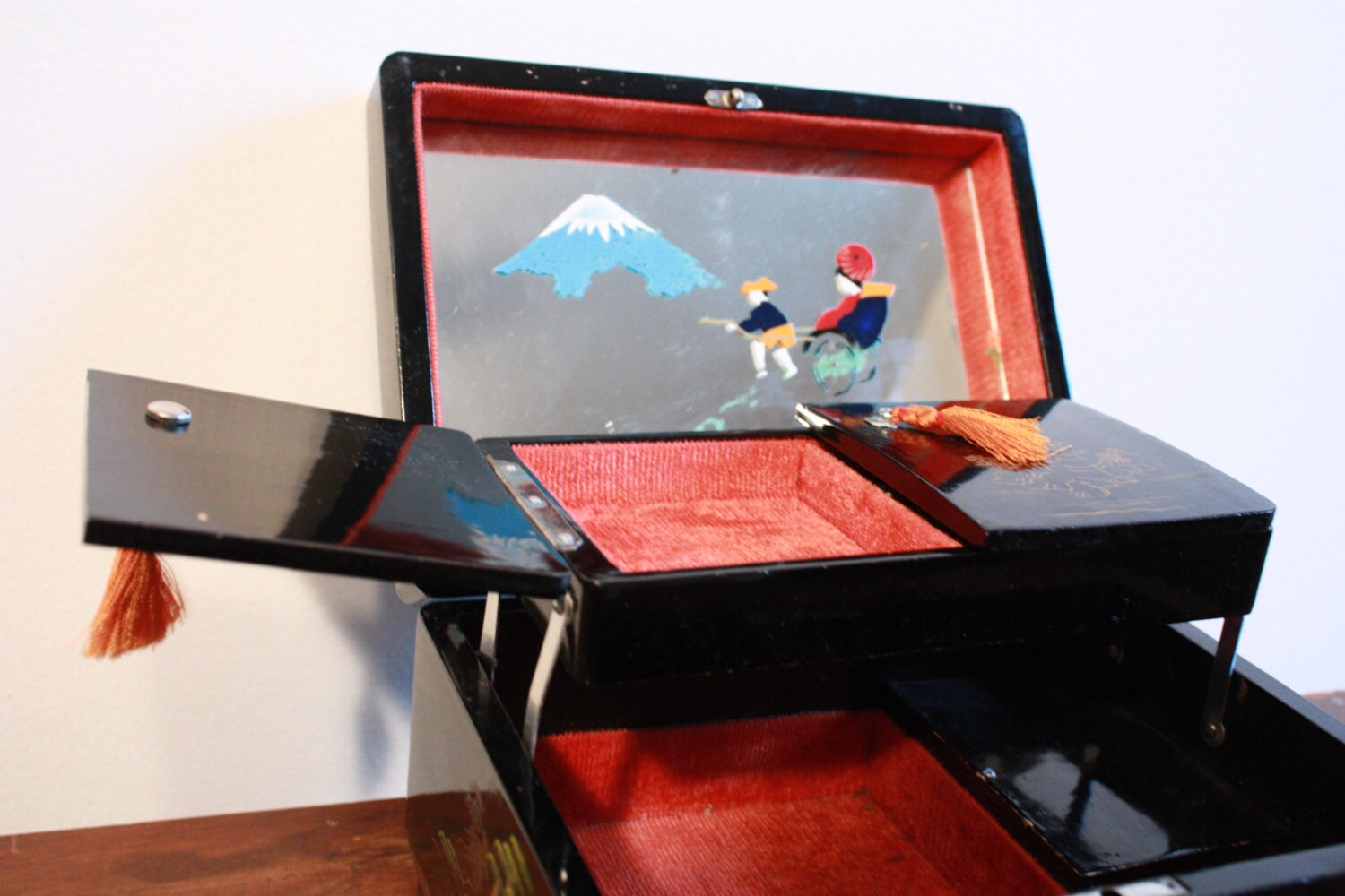 Vintage Japanese Jewelry & Music Box Hand Painted Black Etsy