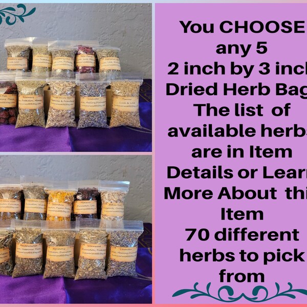 YOU Choose 5 bags of Magick Herbs ~ 2" x 3" bags ~ NEW Herbs added ~ Herb Kit ~ Lavender ~ Burdock ~ Rose Hips ~ Lemongrass ~ Mugwort