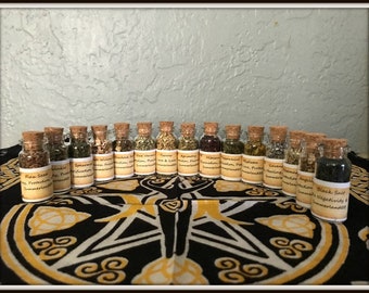 Set of 15 Herb Bottles ~ Wiccan Herbs ~ Incense ~ Altar Bottle ~ Altar Offerings ~ Spell Aid Herbs ~ Wicca ~ Witch ~ Altar Herb Bottles