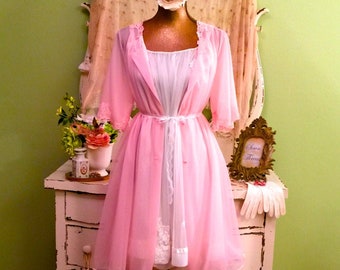 Vintage Baby Doll Nightie, Pink Chiffon Set, Vintage Nightgown & Robe, Vintage Pink and White Chiffon Nightdress Set, Vintage Boudoir