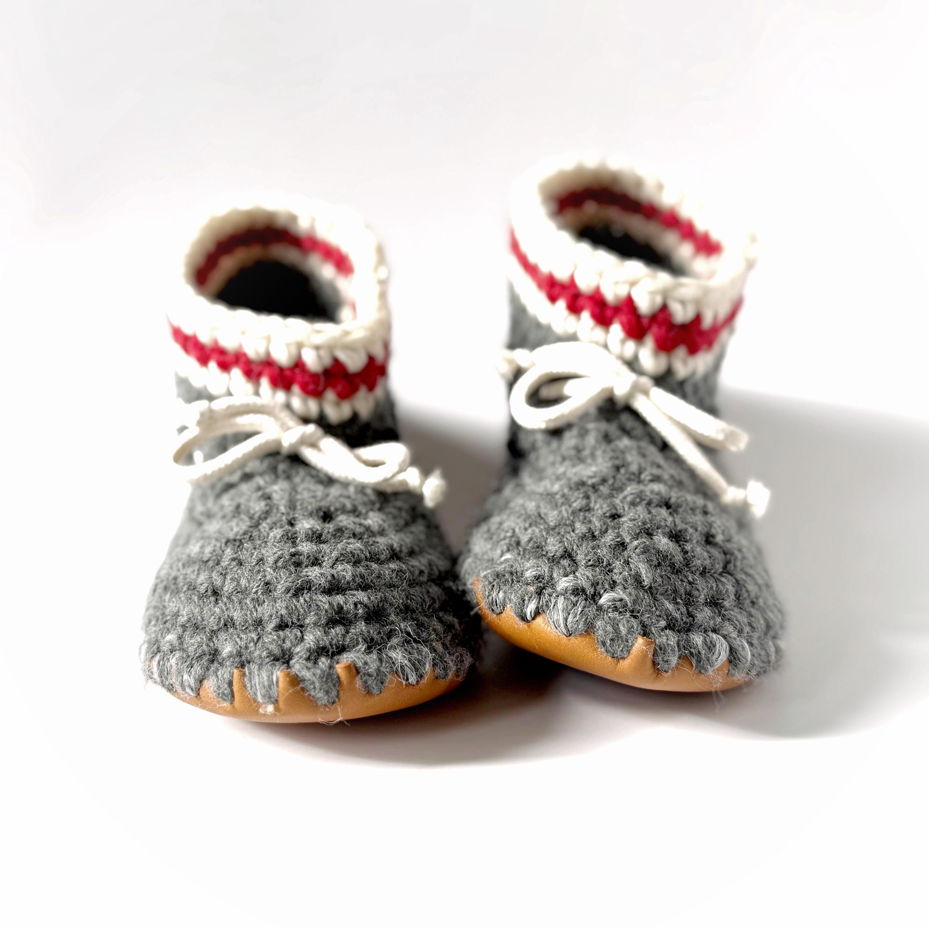 Handmade Crochet Wool Slippers - Upcycled Leather Sole House Shoes
