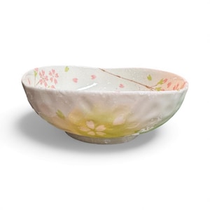 Op de afbeelding: Een keramische kom met een witte en lichtgroene gradiënt. De kom heeft een bloemenontwerp met roze kersenbloesems en bruine stelen. De kom heeft een licht onregelmatige vorm en een getextureerd oppervlak.