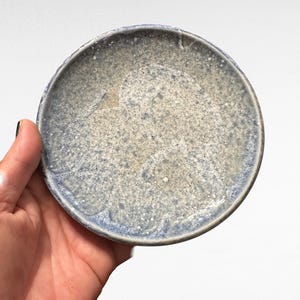 May include: A small, round ceramic plate with a speckled, textured surface. The plate features a blue and gray color scheme with a darker blue rim. The plate is held in a hand against a white background.