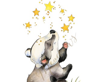 DIGITAL DOWNLOAD, Baby Badger Art, Badger Art Print, Badger Nursery Art, Little Badger, Nursery Decor, Watercolor Nursery, Badger With Stars