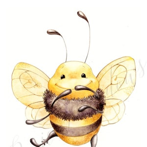 May include: A cartoon illustration of a smiling bee with yellow and black stripes, brown fuzzy legs, and translucent yellow wings. The bee is drawn in a watercolour style.
