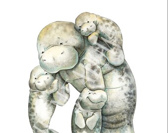 DIGITAL DOWNLOAD, Manatee Gift, Mom Baby Manatee, Nursery Art, Watercolor Nursery, Baby Shower Gift, Triplet gift, Mom of Three Gift