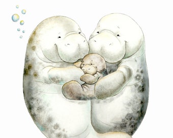 Manatees, Watercolor Manatee, Manatee, Cute Manatee, Nursery Decor, Nautical Nursery, Watercolor Nursery, Manatee Gift, Manatee Family