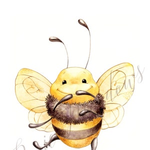 May include: Watercolor illustration of a cheerful bee with a yellow body, black stripes, and delicate wings. The bee has a smiling face and is depicted in a playful pose. The image has a soft, whimsical style, perfect for children's decor.