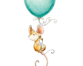 Baby Mouse Art, Woodland Animal, Nursery Decor, Nursery Art, Watercolour Nursery, Gender Reveal Print, Cute Mouse Art, Mouse with Balloon