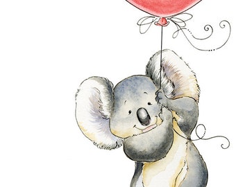 May include: A watercolor illustration of a koala holding onto a pink balloon. The koala is gray and has a cute, cartoonish expression. The balloon is tied with a string and has a swirl design.