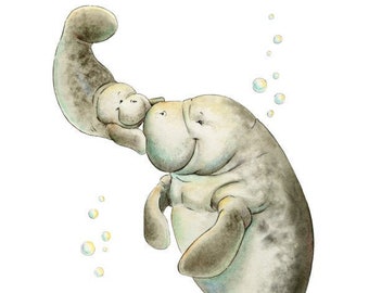 DIGITAL DOWNLOAD, Manatee, Mom and Baby Manatee, Nursery Art, Manatee Print, Manatee Themed, Baby Shower Gift, Nursery Decor, Nursery Art