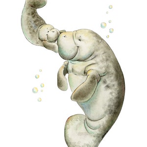 Mom and Baby Manatee, Watercolor Manatee, Manatee, Cute Manatee, Nursery Decor, Nautical Nursery, Watercolor Nursery, Mother's Day image 1