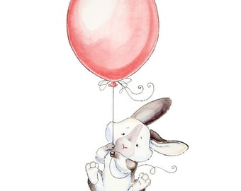 Watercolor Nursery Art. Fly Away With Me - Bunny Watercolor Giclee Print, Original Artwork, Children's illustration, Nursery Wall Art
