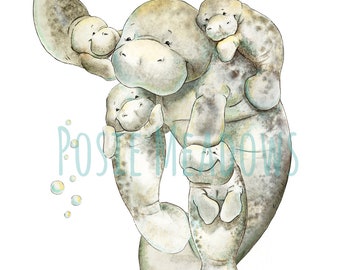 DIGITAL DOWNLOAD, Manatee, Mom and Baby Manatee, Nursery Art, Manatee Print, Manatee Themed, Baby Shower Gift, Nursery Decor, Nursery Art