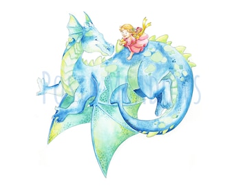 DIGITAL DOWNLOAD, Dragon Nursery, Dragon Rider, Dragon Girl, Dragon Watercolor, Dragon Art, Girl Nursery Art, Dragon Rider, Dragon Princess