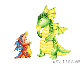 Watercolor Nursery Art. My Always Friend - Dragon and Little Boy - Giclee Print, Original Artwork, Children's illustration, Nursery Wall Art