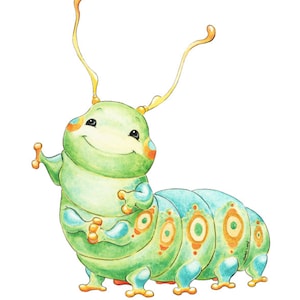 Peut inclure: Une chenille verte et bleue avec un visage souriant et des antennes jaunes. La chenille a un motif bleu clair et orange sur son corps.