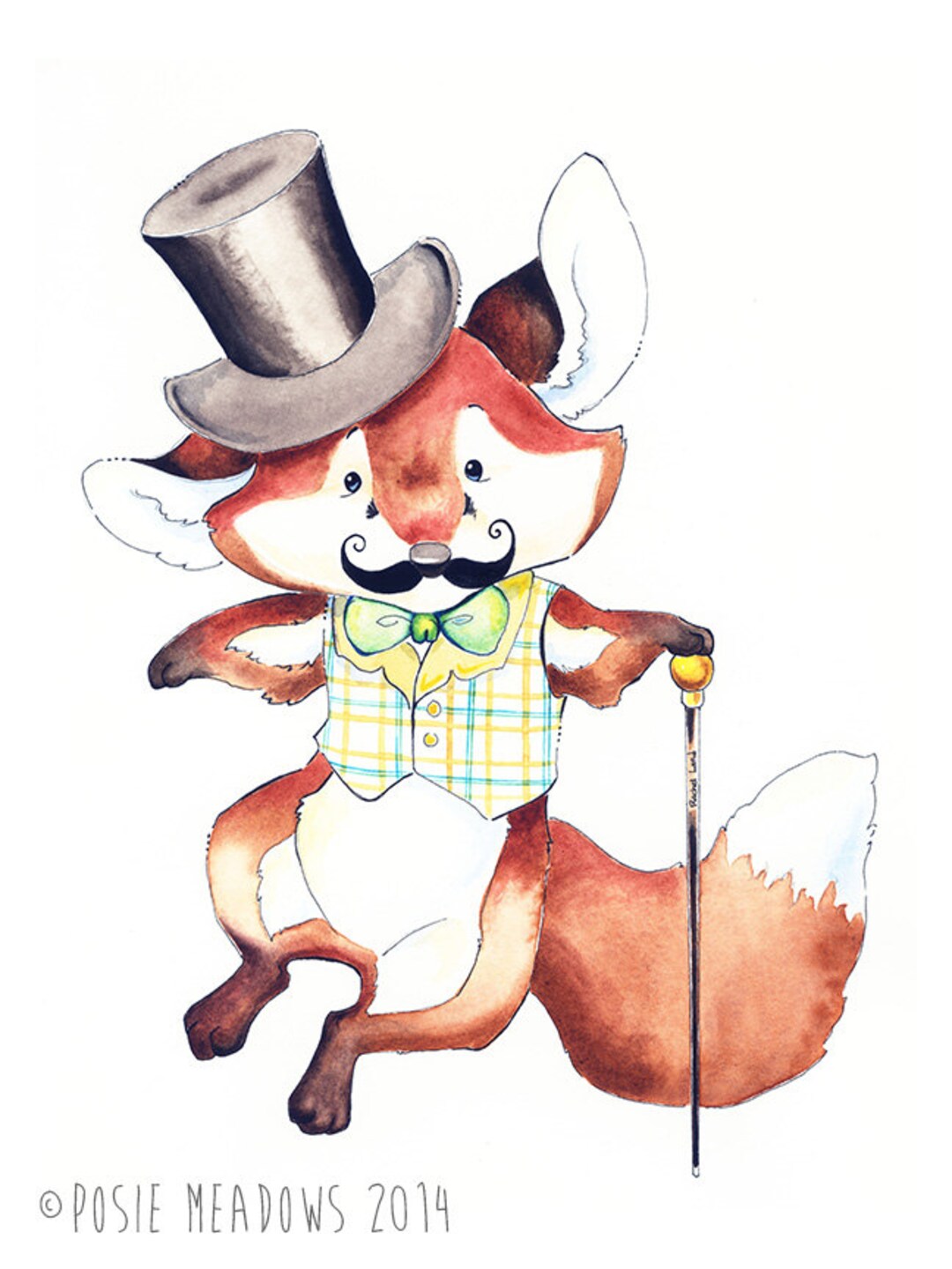 Fox Art, Dapper Fox, Top Hat, Mustached Animal, Green Bowtie, Plaid