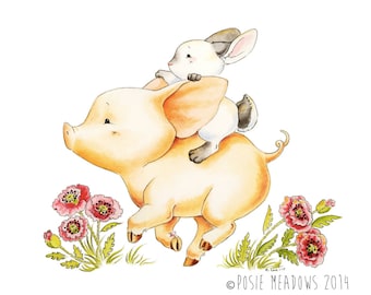 Arte de cerdos, arte de cerditos, guardería de cerdos, arte de conejitos, acuarela de cerdos, guardería de animales de granja, guardería de acuarela, arte de guardería, amapolas, impresión de cerdos
