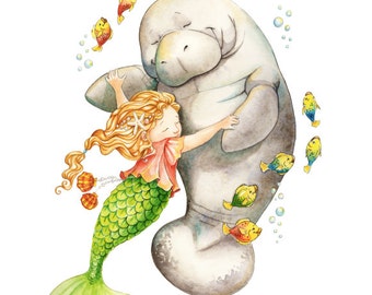 Watercolor Nursery Art. Shall We Dance? - Mermaid and Manatee Giclee Print, Original Artwork, Children's illustration, Nursery Wall Art