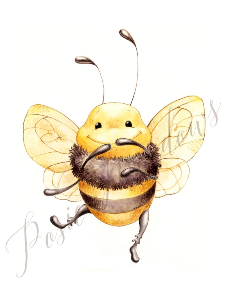 May include: Watercolor illustration of a cheerful bee with a yellow body, black stripes, and delicate wings. The bee has a smiling face and is depicted in a playful pose. The image has a soft, whimsical style, perfect for children's decor.