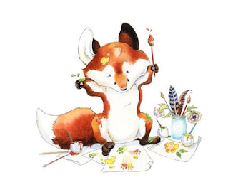Räv, Rävkonsttryck, Babyräv, Rävbarnrum, Akvarellbarnrum, Skogsmarksbarnrum, Barnrumsdekor, Babyshowerpresent, Barnrumskonst, Babyrävkonst