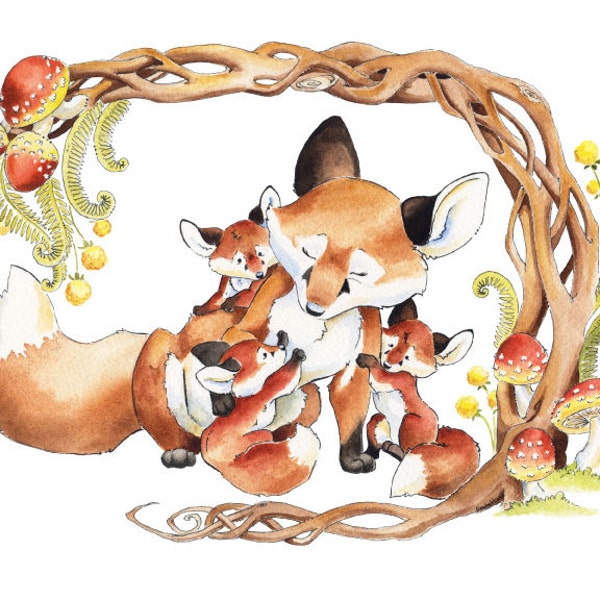 Fox, Fox Art Print, Baby Foxes, Fox Nursery, Watercolour Nursery, Woodland Nursery, Nursery Decor, Mom and Baby Fox, Foxes, Nursery Art