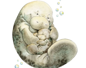 Manatee, Mom and baby Manatee, Nursery Art, Watercolor Nursery, Manatee Print, Manatee Themed, Baby Shower Gift, Nursery Wall Art, Baby