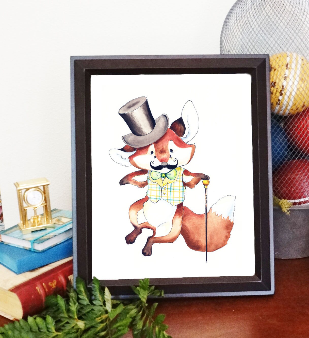 Fox Art Dapper Fox Top Hat Mustached Animal Green Bowtie Etsy