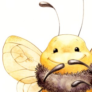 May include: A cartoon illustration of a smiling bee with large, yellow wings and a black and brown fuzzy body. The bee is looking directly at the viewer.