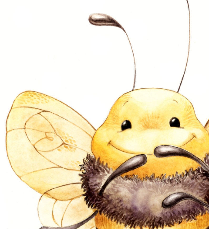 May include: A cartoon illustration of a smiling bee with large, yellow wings and a black and brown fuzzy body. The bee is looking directly at the viewer.