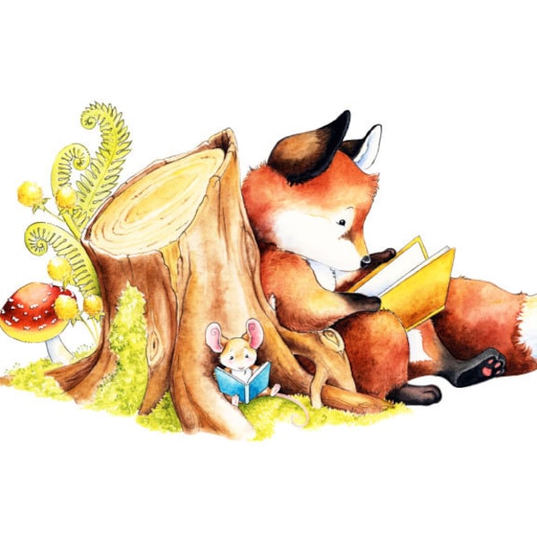 Fox Art, Mouse Art, Fox Print, Watercolor Fox, Forest Animal, Fox Nursery Print, Book Love, Fox Nursery, Woodland Nursery, Nursery Decor