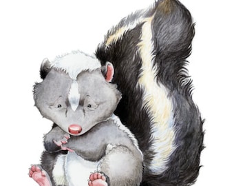 Skunk Watercolor, Skunk Art Print, Baby Skunk, Woodland Animal, Woodland Nursery, Woodland Decor, Watercolor Nursery, Nursery Art, Skunk