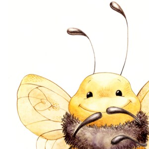 May include: A watercolor illustration of a smiling cartoon bee. The bee has a yellow body, large wings, and black antennae. The bee has a fuzzy black collar and is set against a white background.