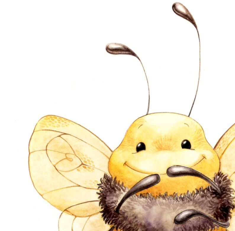 May include: A watercolor illustration of a smiling cartoon bee. The bee has a yellow body, large wings, and black antennae. The bee has a fuzzy black collar and is set against a white background.