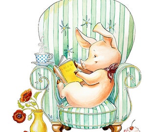 Pig Art, Baby Pig Art, Pig Nursery, Pig Watercolor, Farm Animal Nursery, Armchair, Book Love Gift, Watercolor Nursery, Reading, Nursery Art