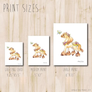 May include: A digital illustration of a horse with a floral crown and butterfly. The image is available in three sizes: greeting card (4.25 inches by 5.5 inches), medium print (5 inches by 7 inches), and large print (8 inches by 10 inches).
