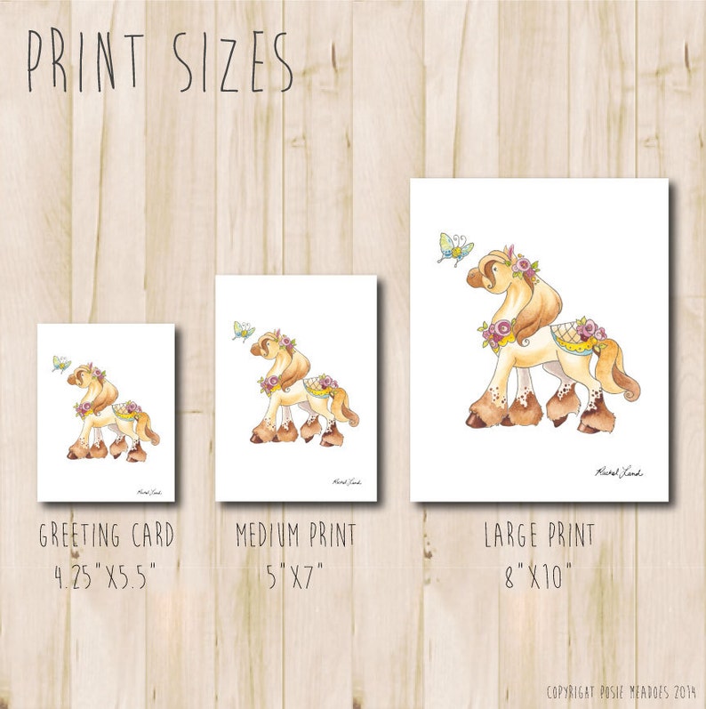 May include: A digital illustration of a horse with a floral crown and butterfly. The image is available in three sizes: greeting card (4.25 inches by 5.5 inches), medium print (5 inches by 7 inches), and large print (8 inches by 10 inches).