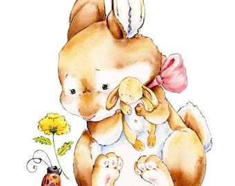 Baby Bunny kunst, baby konijn kunst, lieveheersbeestje kunst, lieveheersbeestje kunst, gevulde Bunny, beste vrienden, baby shower cadeau, lieveheersbeestje illustratie, kinderkamer kunst