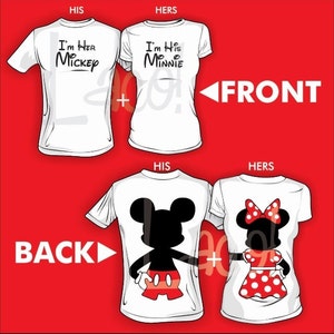 Frente 2 soy su Mickey y soy su Minnie vuelta completa cuerpo abrazando Disney juego pareja amor serigrafiado blanco camisetas